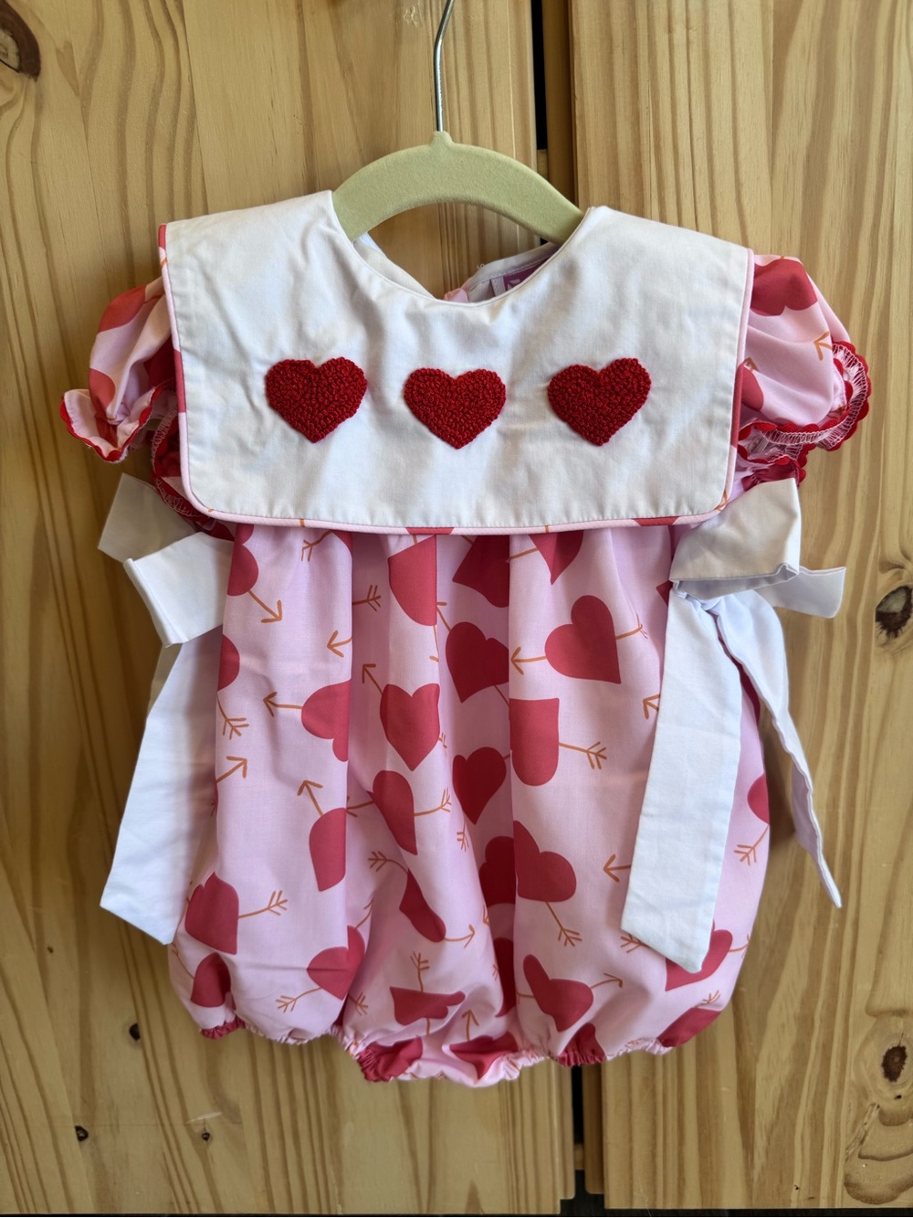 Pink Heart Bubble Romper with White Sailor Bib